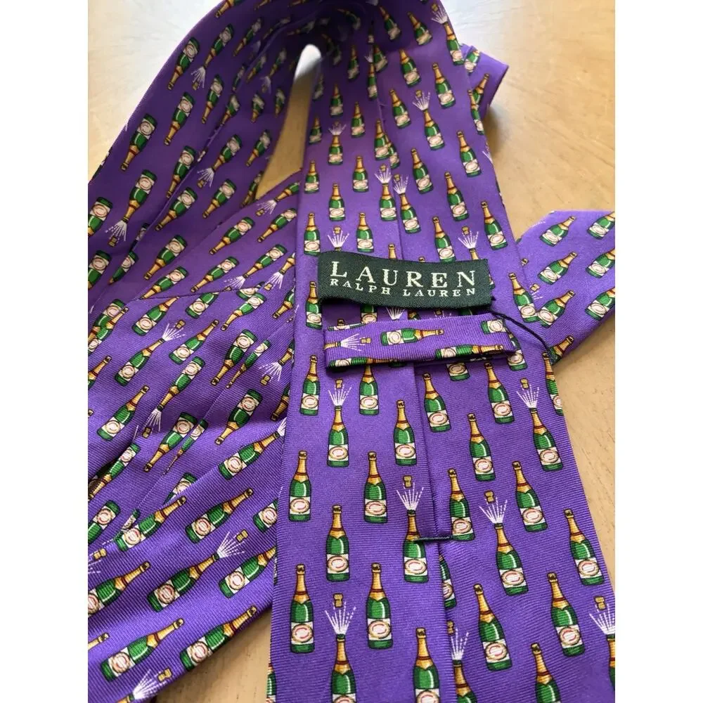 VTG Ralph Lauren Purple Champagne Bottle Necktie 100% Silk Novelty Tie